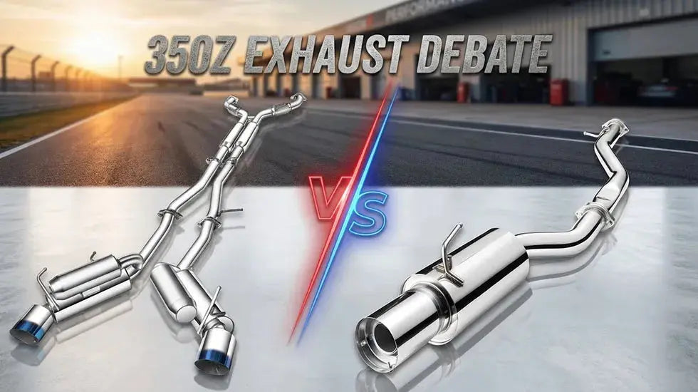 Cover image comparing a 350Z dual exhaust system against a single exit exhaust on a racetrack.