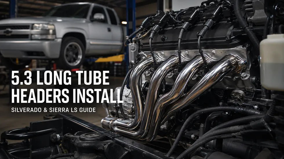 Cover image for 5.3 long tube headers install on Silverado showing parts, engine, and avoid mistakes