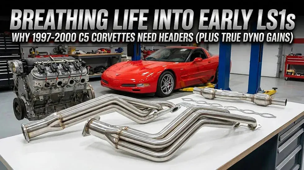 Red 1997-2000 C5 Corvette in a shop with an LS1 engine and long-tube headers.