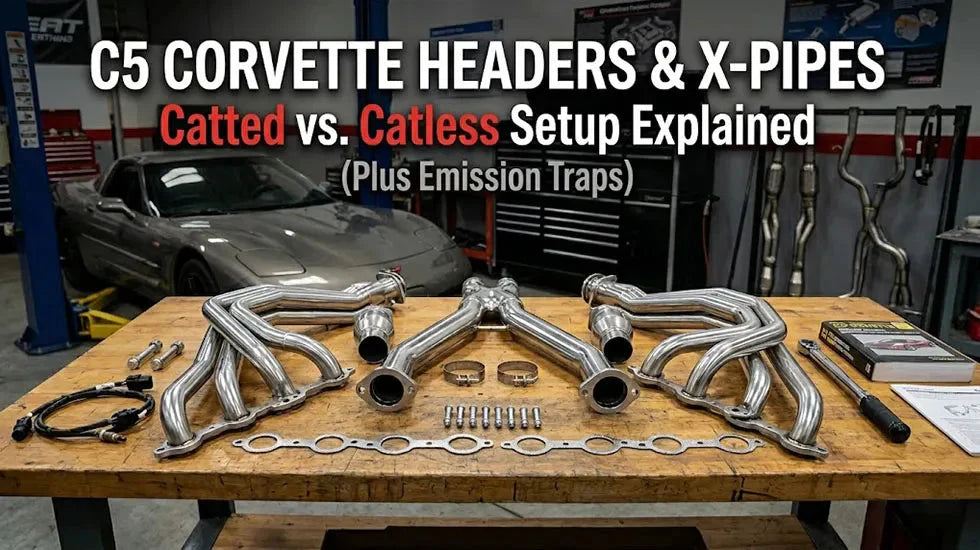 A detailed comparison setup of C5 Corvette exhaust headers and X-pipes in an automotive workshop.