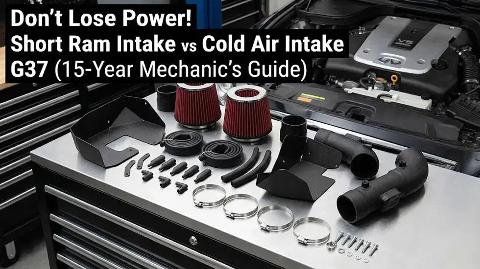 Flashark shielded cold air intake kit for Infiniti G37 laid out on a mechanic workbench, illustrating the short ram vs cold air intake comparison.