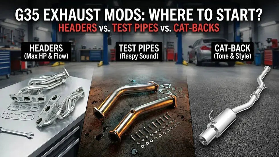 G35 exhaust mods guide cover comparing headers, test pipes, and cat-back systems with their sound and performance characteristics.