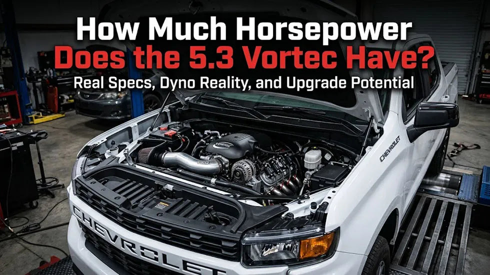 5.3 Vortec engine in truck bay with horsepower title