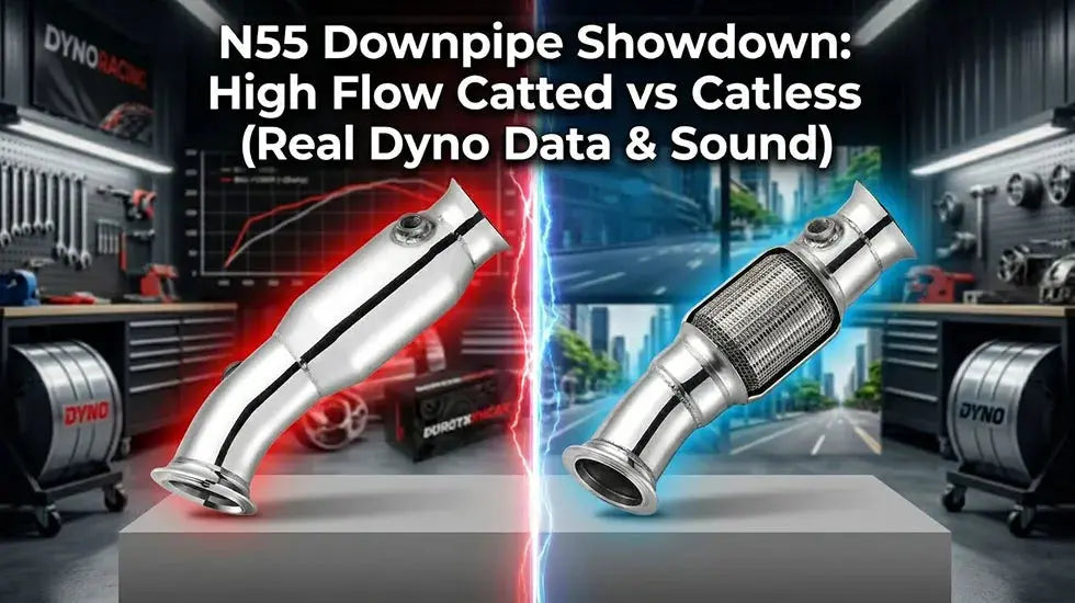 BMW N55 Downpipe comparison: High flow catted vs catless downpipe with dyno data and sound.