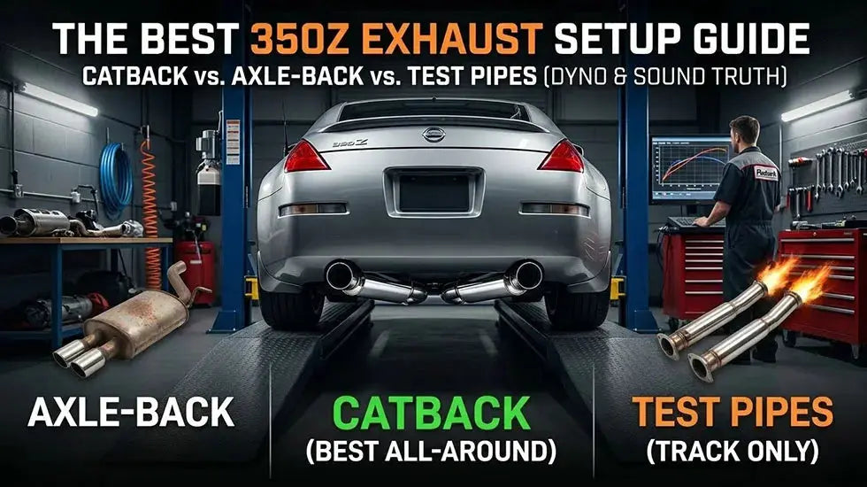 Comparison of Nissan 350Z exhaust setups: Axle-Back, Catback, and Test Pipes."