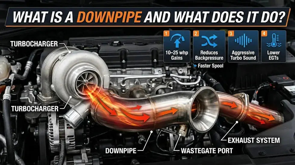 Infographic cover explaining the function and performance benefits of a turbocharged downpipe.