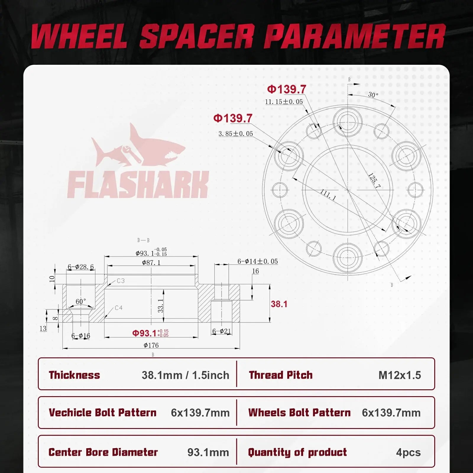 2013-2022 Ford Ranger 2021-2022 Bronco 6X5.5" Wheel Spacers 4PCS Flashark