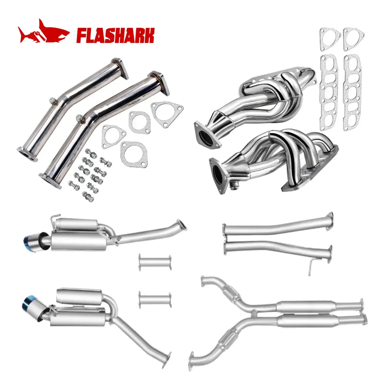 Exhaust Header/Downpipe/CatBac w/ 4.5" Dual Burnt Tips All-In-One Kit for 2003-2006 Nissan 350Z Flashark