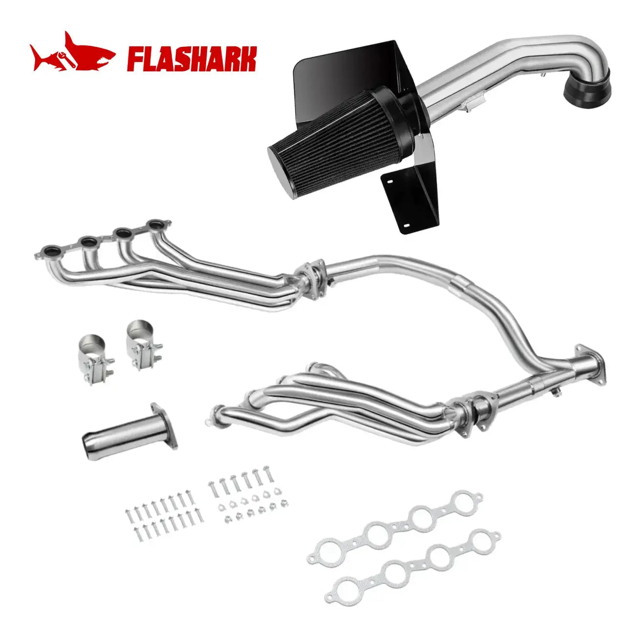 Exhaust Header/4" Cold Air Intake Kit for 2009-2013 GMC Sierra 1500 4.8L 5.3L 6.0L 6.2L V8 Engine Flashark