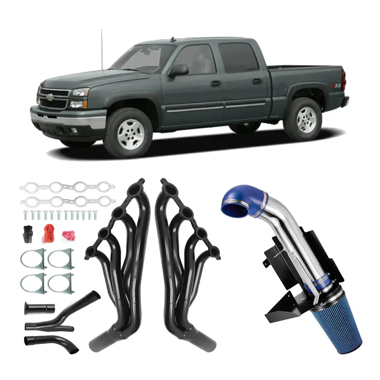 Exhaust Header/4" Cold Air Intake Kit All-In-One Kit for 1999-2006 Chevy/GMC GMT800 Silverado/Sierra/Avalanche 1500 Y-Pipe 2WD 4.8L 5.3L 6.0L Flashark