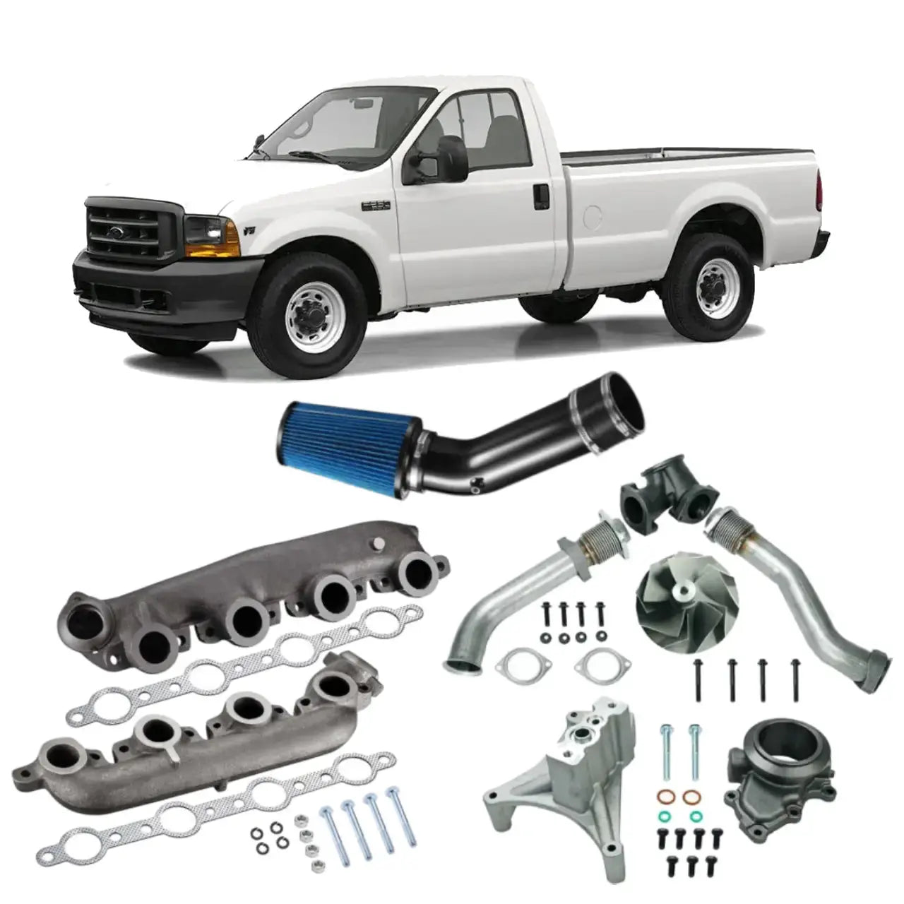 1999.5-2003 Ford 7.3 Powerstroke Diesel All-In-One Kit Exhaust Manifold/Up-Pipe Exhaust/Cold Air Intake Kit Flashark