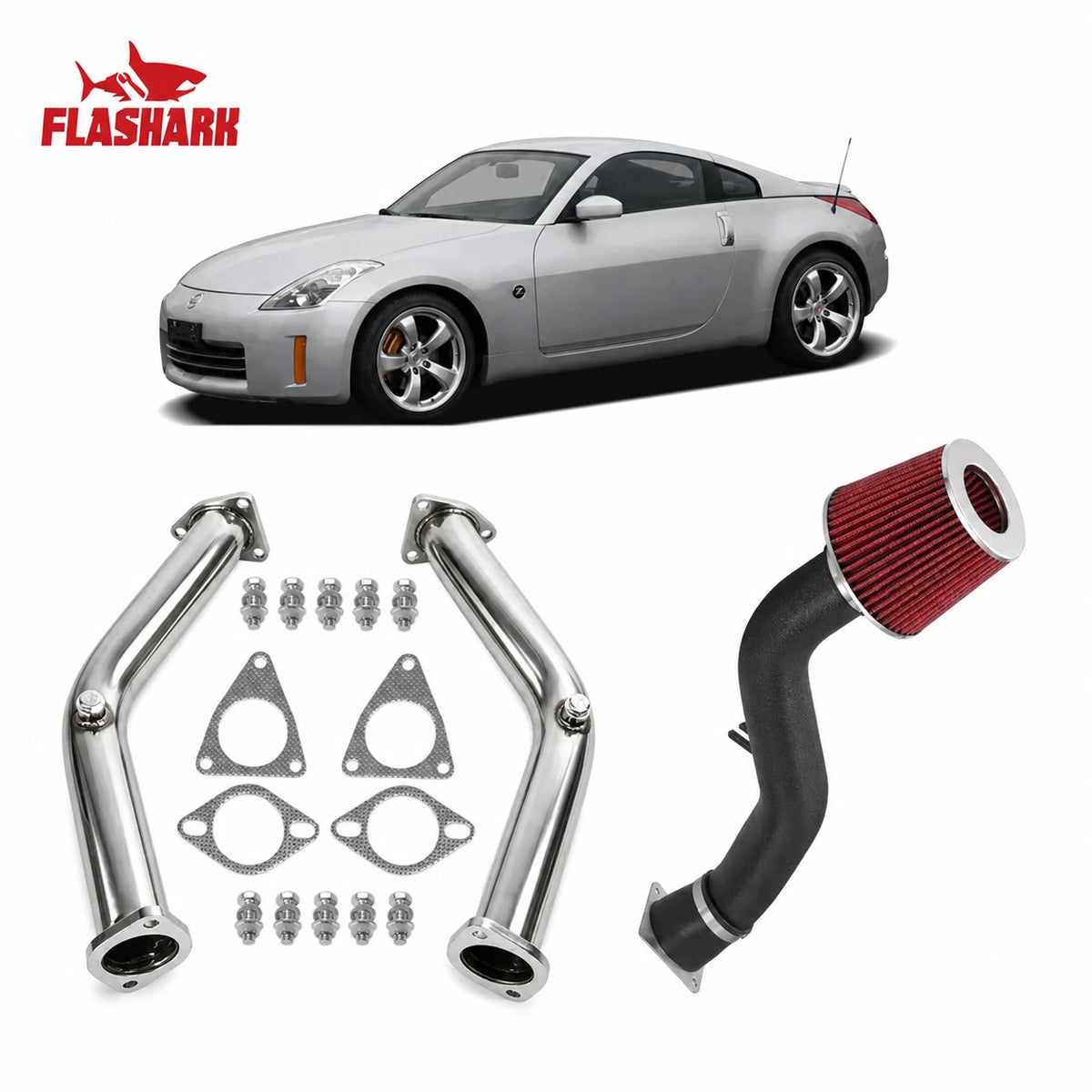 Nissan 350Z cold air intake tube with a red cone filter and stainless long tube headers