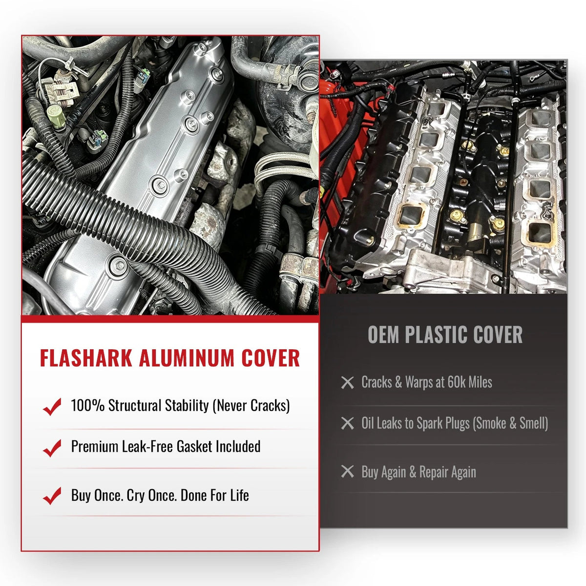 Flashark Aluminum Valve Cover Set with Gaskets & Bolts for GM LS V8 4.8L–6.2L Flashark