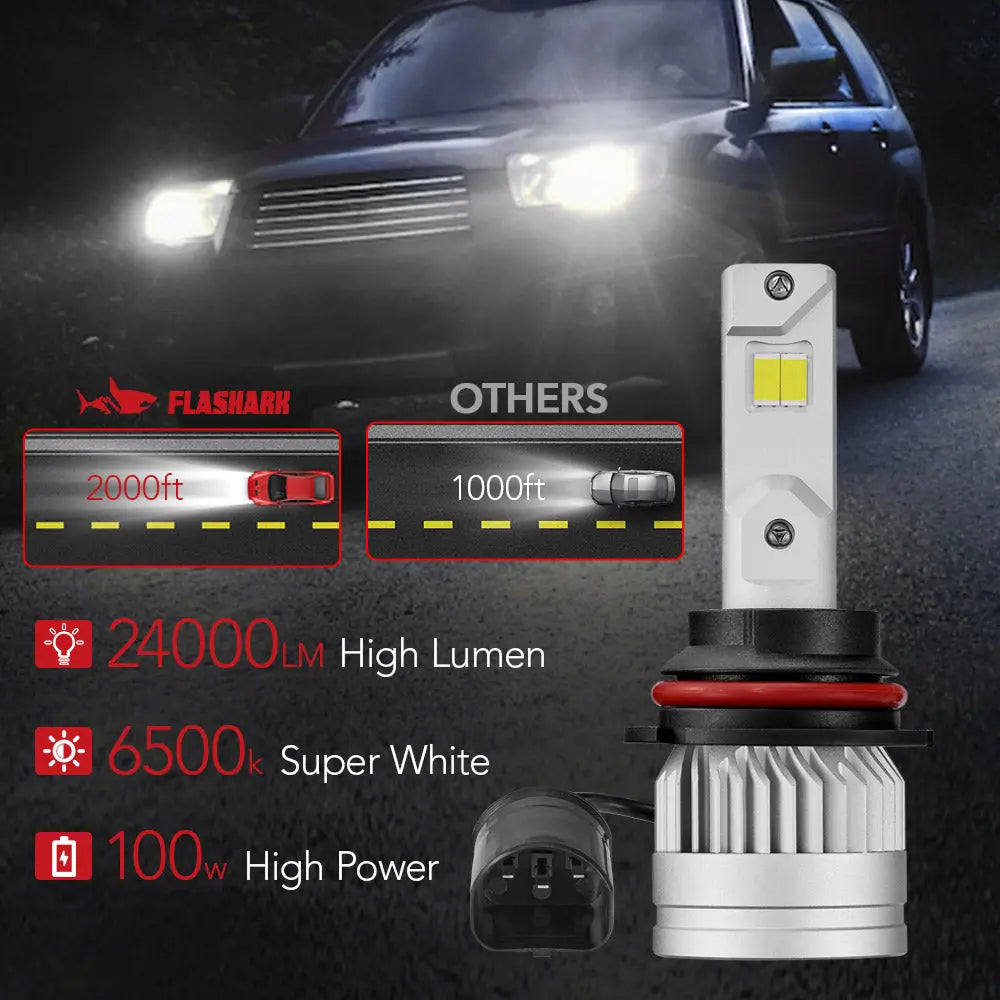 X3S 9007/HB5 100W 6500K 24000LM White IP67 LED Headlight Bulbs 2Pcs Flashark