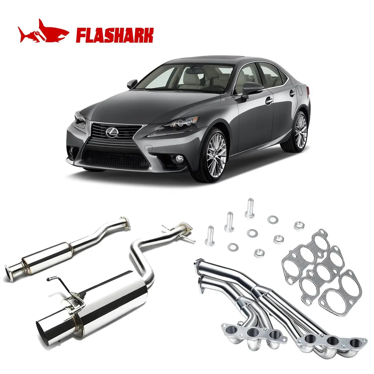 Exhaust Header/Catback w/Muffler Tip All-In-One Kit for 2001-2005 Lexus IS300 Flashark