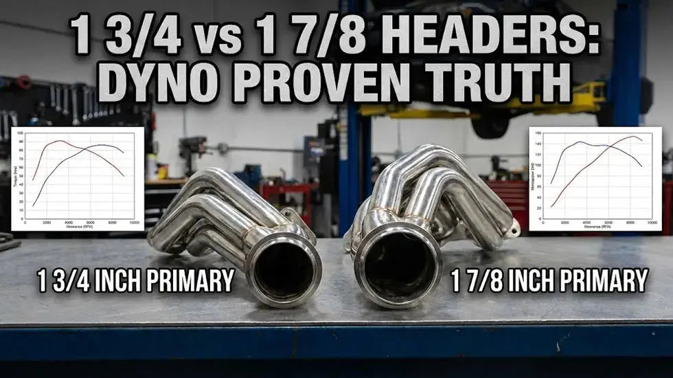 1 3/4 vs 1 7/8 headers side-by-side comparison on workbench with dyno torque curve graphs showing performance differences