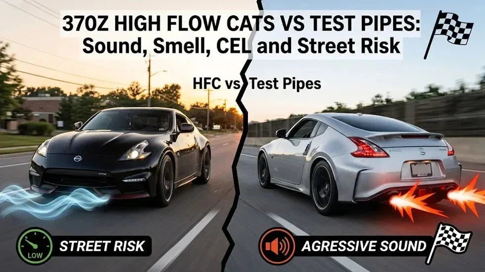 Comparison of 370Z High Flow Cats vs Test Pipes with bold title