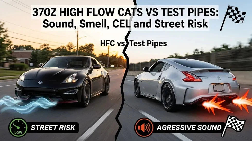 Comparison of 370Z High Flow Cats vs Test Pipes with bold title