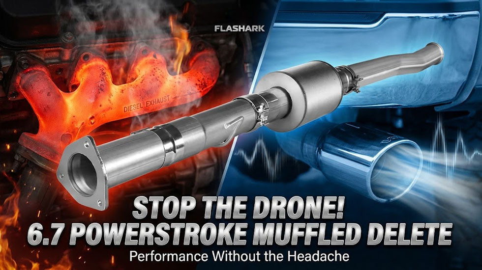 Flashark hero banner featuring the 6.7 Powerstroke Muffled Delete Pipe. Text reads 'STOP THE DRONE! Performance Without the Headache', illustrating the contrast between a hot, restrictive engine and cool, quiet exhaust flow.