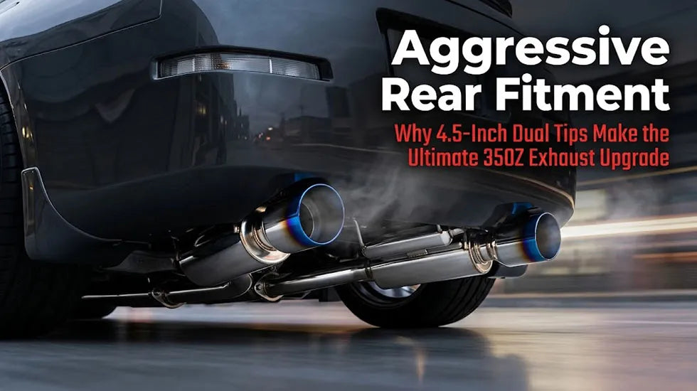 Dark Nissan 350Z featuring aggressive 4.5-inch burnt blue dual exhaust tips