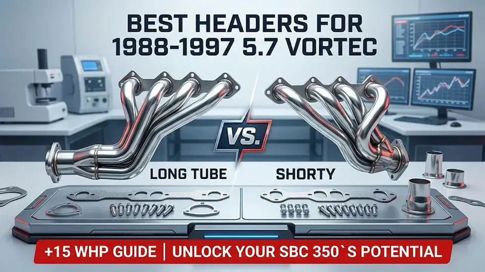 Comparison of polished stainless steel Long Tube vs Shorty headers for 1988-1997 5.7 Vortec engines in a high-tech shop, including gaskets, bolts