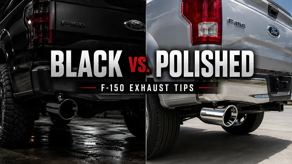 Comparison of black and polished exhaust tips installed on Ford F-150 trucks