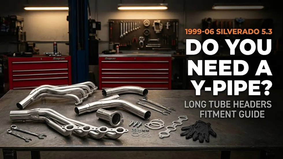 99-06 Silverado 5.3 long tube headers and Y-pipe kit on a workshop bench