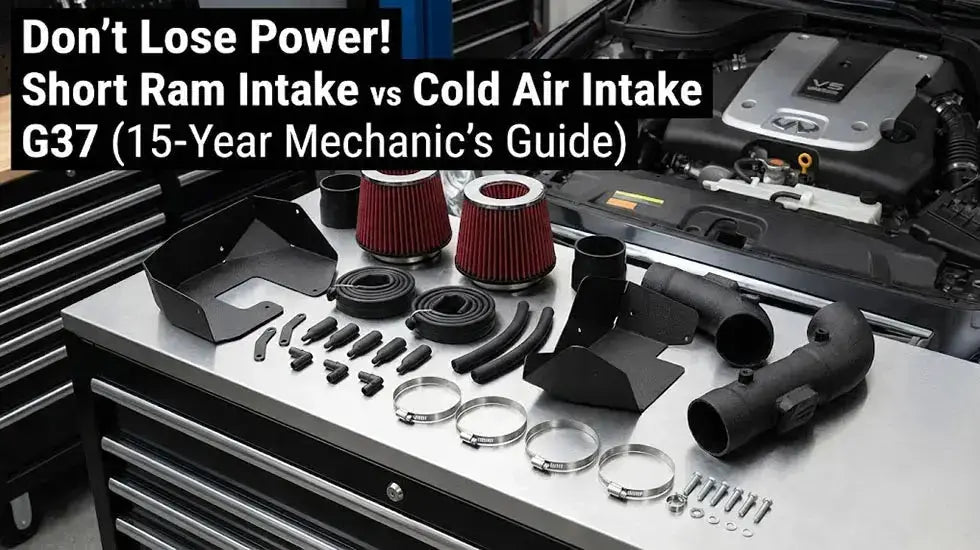 Flashark shielded cold air intake kit for Infiniti G37 laid out on a mechanic workbench, illustrating the short ram vs cold air intake comparison.