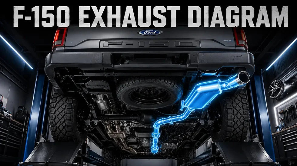 Ford F150 catback exhaust system highlighted under truck