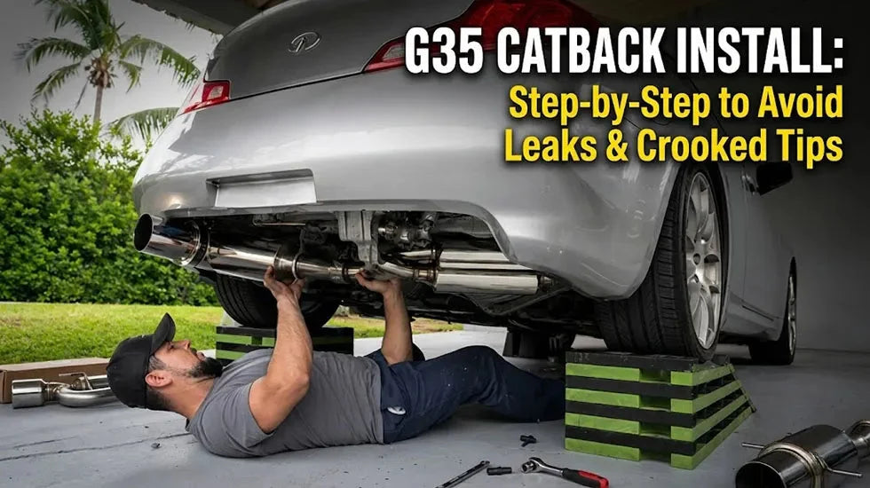 Mechanic installing a single-exit catback exhaust on a raised Infiniti G35