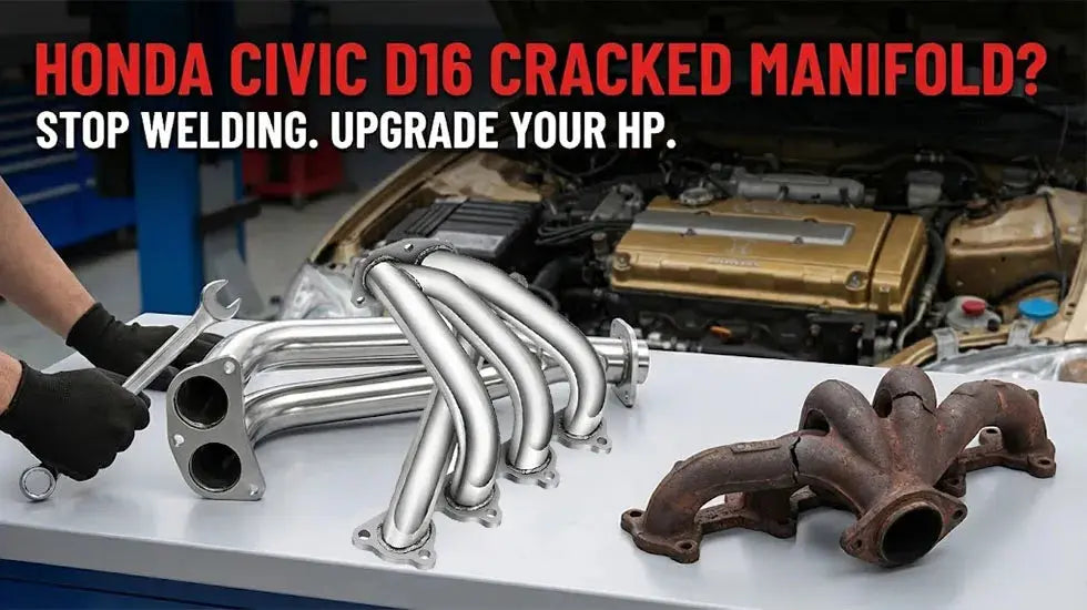 Comparison of a cracked factory manifold and a new Flashark stainless steel exhaust header upgrade for Honda Civic D16.