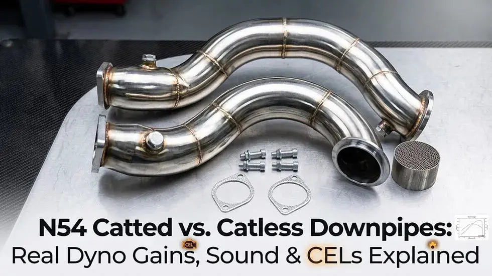 Flashark N54 downpipe guide cover, featuring two polished downpipes and a catalytic core comparison