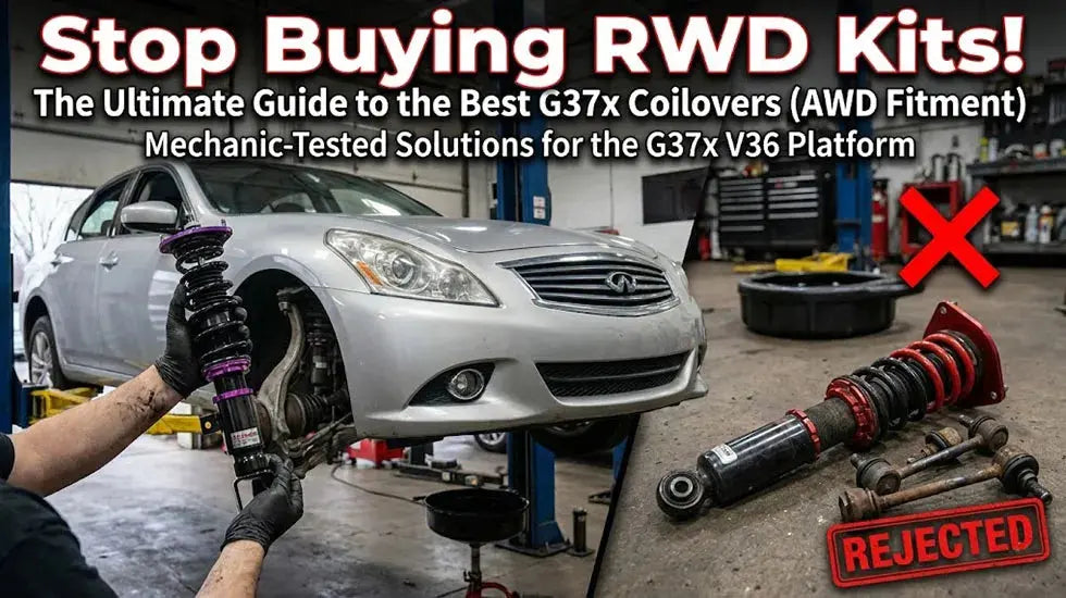 Mechanic showing the best G37x coilovers for proper AWD fitment versus a rejected RWD kit.