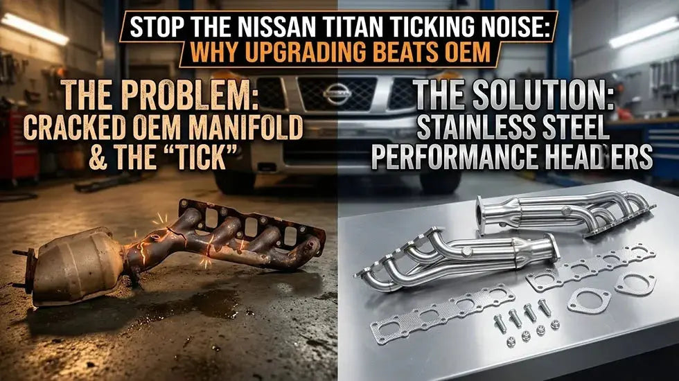 Comparison of a cracked OEM Nissan Titan exhaust manifold causing a ticking noise versus stainless steel performance headers as the solution.