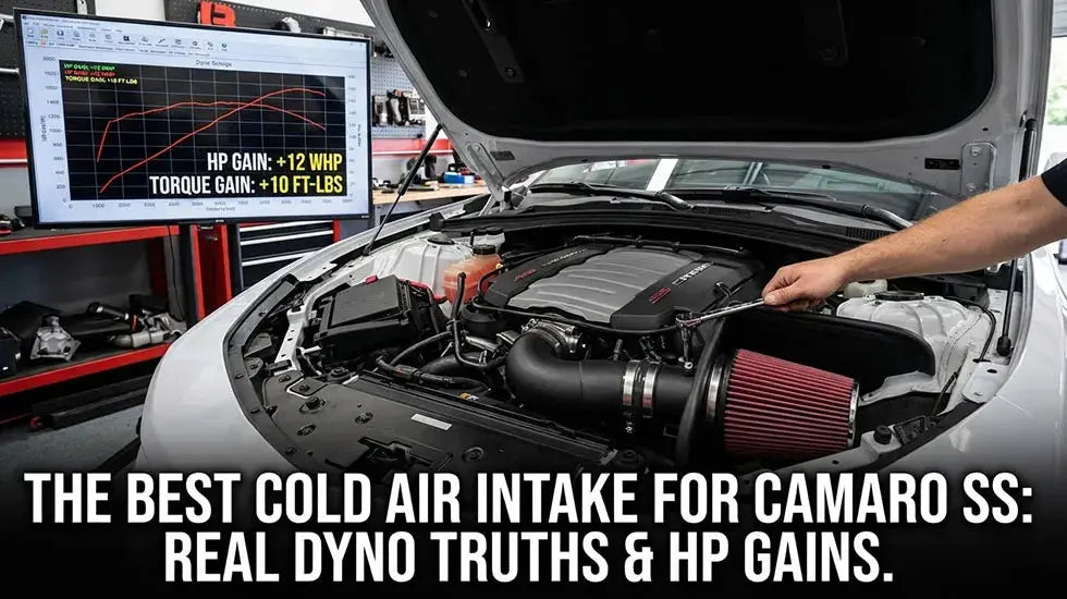 Mechanic installing the best cold air intake on a Camaro SS engine, with dyno HP gains in the background.