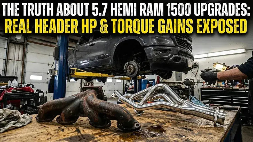 Mechanic shop cover photo comparing rusty stock exhaust manifolds with new stainless steel headers for a RAM 1500 truck, featuring text about performance gains.