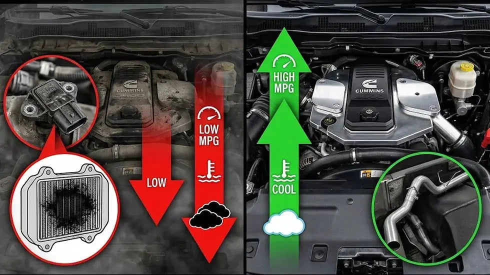 Split-screen comparison: dirty clogged 6.7 Cummins grid heater and DPF versus clean installed delete kit hardware.