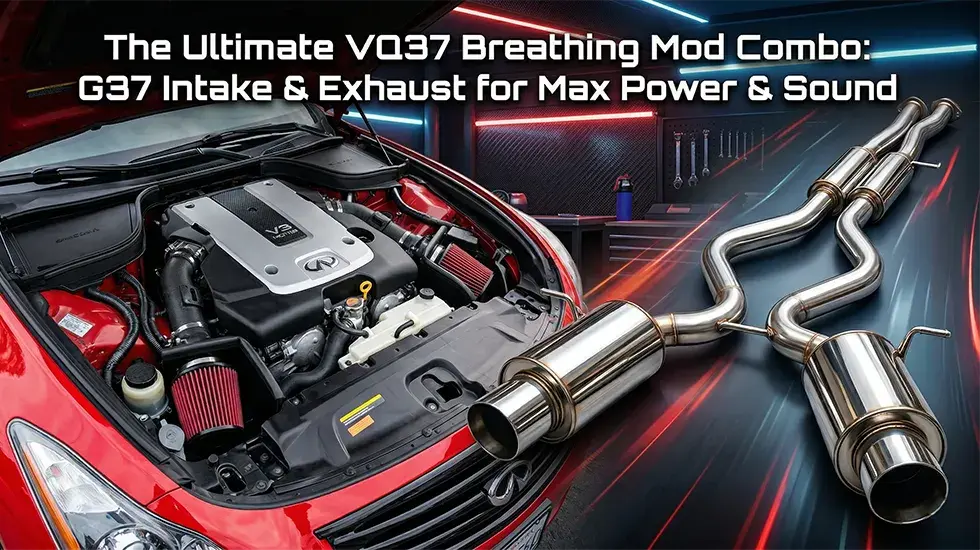 Infiniti G37 performance breathing mod combo for VQ37HR engine. Open red G37 hood shows installed twin cold air intake system and polished stainless steel dual catback exhaust with engineered Helmholtz resonators in a high-tech workshop