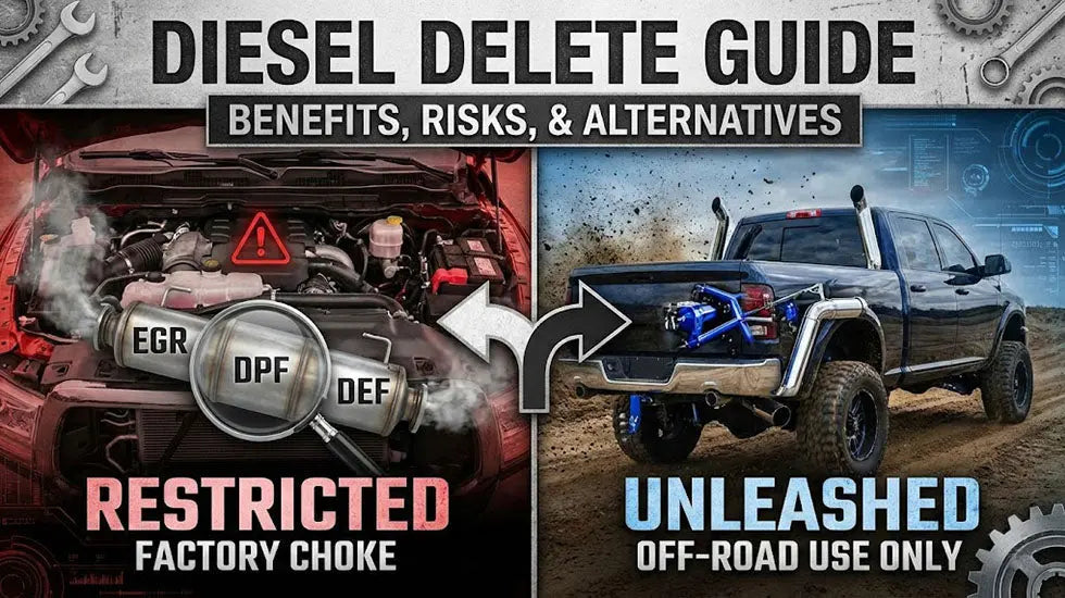 Split-screen cover graphic for Diesel Delete Guide, comparing a restricted factory engine with EGR, DPF, and DEF systems to an unleashed off-road diesel truck.