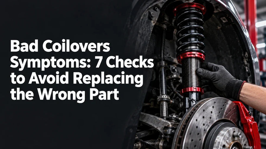 Mechanic checks a coilover beside a seven-check guide to bad coilover symptoms