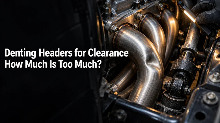 Dented header tube beside a steering shaft during a clearance check