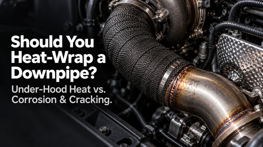 Wrapped turbo downpipe beside an exposed weld, showing heat and corrosion risks
