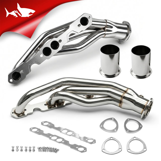Pair of polished stainless long tube headers for 1988-1997 Chevrolet GMC C/K 1500 2500 Tahoe Blazer 305 350 small block, with couplers, gaskets and bolts