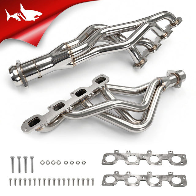 Pair of mirror-polished long tube 4-into-1 headers for 2009-2018 Dodge Ram 1500 5.7L Hemi V8 with four-port gaskets, bolts, nuts and washers