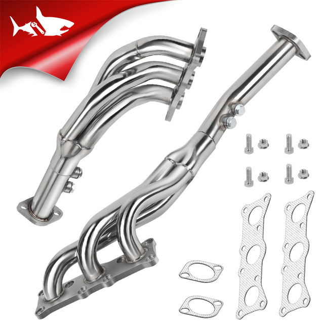 Pair of stainless long tube headers for 2006-2013 BMW N52 E90 E91 E92 E93 E82 128i 325i 328i 330i, three ports per bank merging to collectors