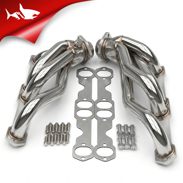Pair of polished stainless 4-into-1 long tube headers for 1988-1997 Chevy GMC C1500 K1500 Tahoe Suburban 5.0L 5.7L small block V8, with four-port gaskets and bolt sets