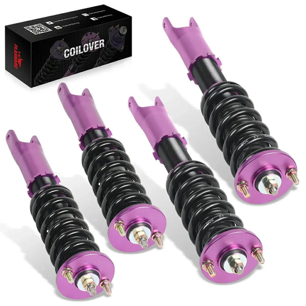 Four coilover struts for a 2000-2009 Honda S2000, purple camber plates over black bodies with purple lower tubes