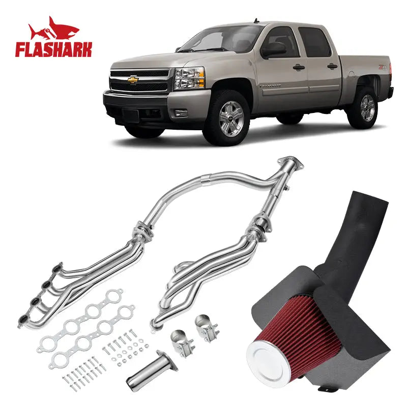 2007-2008 Chevrolet Silverado Sierra 1500 4.8L 5.3L 6.0L 6.2L 2WD Exhaust Header Air Intake Kit All-In-One Kit Flashark