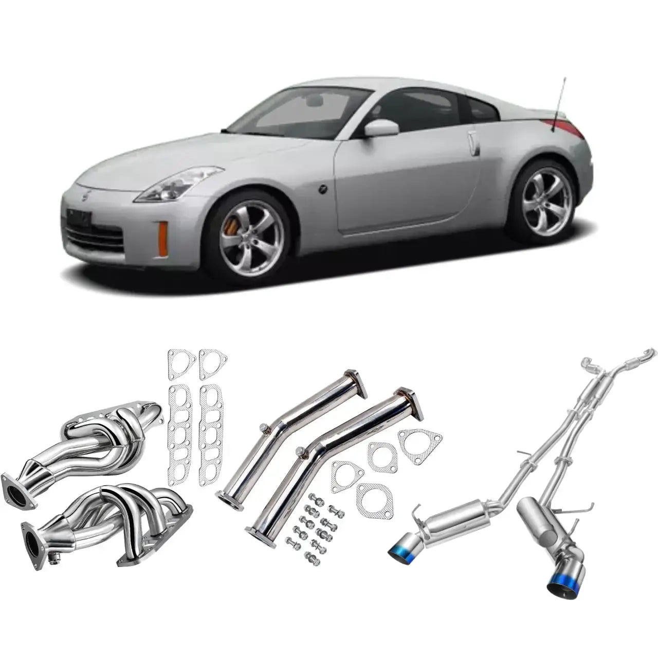 Exhaust Header/Downpipe/CatBack w/ 4.5" Dual Burnt Tips All-In-One Kit for 2003-2006 Nissan 350Z Flashark