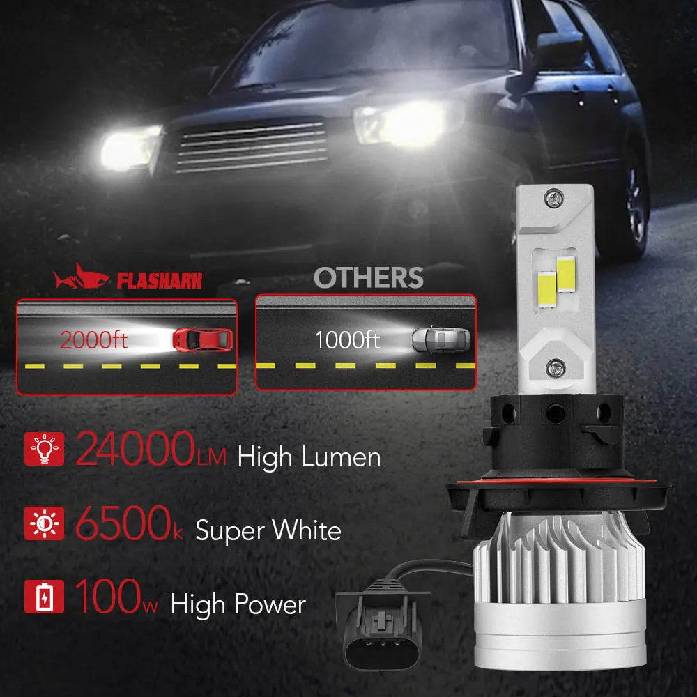 X3S H13/9008 100W 6500K 24000LM White IP67 LED Headlight Bulbs 2Pcs Flashark